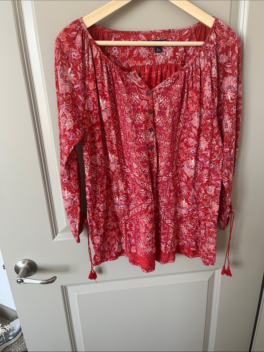 Lucky Brand Red Floral Button-Front Peasant Top